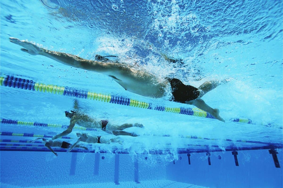 Swimmers Swimming Together In A Line